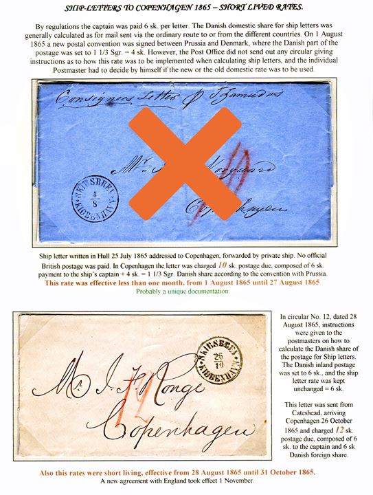 Stampless unpaid ship-letter from Gateshead with Danish antiqua cds. SKIBSBREV * KIØBENHAVN * on 26.10.1865 to Copenhagen. Charged “12” sk. postage due. Special short lived postal rate 28.8.-31.10.1865. Ex. Mark Lorentzen.