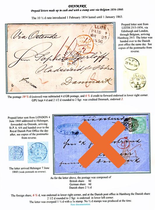 10½d prepaid letter from Leith on 25.3.1856 endorsed ”via Ostende” via Edinburgh and Hamburg to Hadsund near Hobro, Denmark. Line marking: Franco. Ex. Mark Lorentzen.