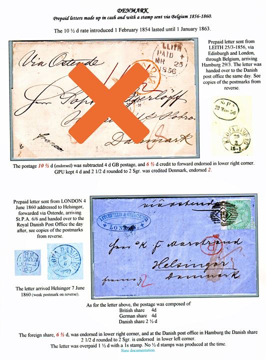 1 sh. Victoria single on letter from London on 4.6.1860 tied by numeral cancel ”19” endorsed “via Ostende” to Elsinore, Denmark. Rate 10½d and overfranked with 1½d. Ex. Mark Lorentzen