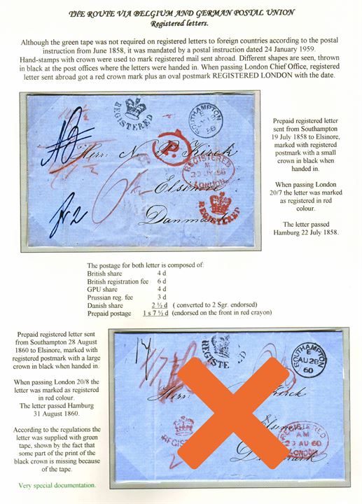 1sh 7½d prepaid registered letter from Southampton on 19.7.1858 via London and Hamburg to Elsinore, Denmark. British (crown)/Registered markings in both red and black and Danish endorsement “NB”. Ex. Mark Lorentzen