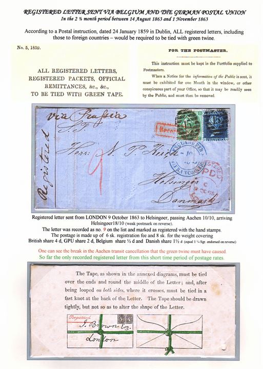 2d and 1 sh. Victoria on registered letter from London tied by numeral cancel ”15” and marked in red REGISTERED PD / LONDON on 9.10.1865 endorsed ”Via Prussia” with blue transit marking Aus England per Aachen * Franco * to Elsinore, Denmark. Extremely rare registered letter from the short-lived 8d postal rate of 2½ months (14.8.-1.11.1865). The letter show signs of “Green Tape” re. Postal Instruction 5/1859 (Original illustrated instruction attached). Mounted on Exhibition page – ex. Mark Lorentzen. 
