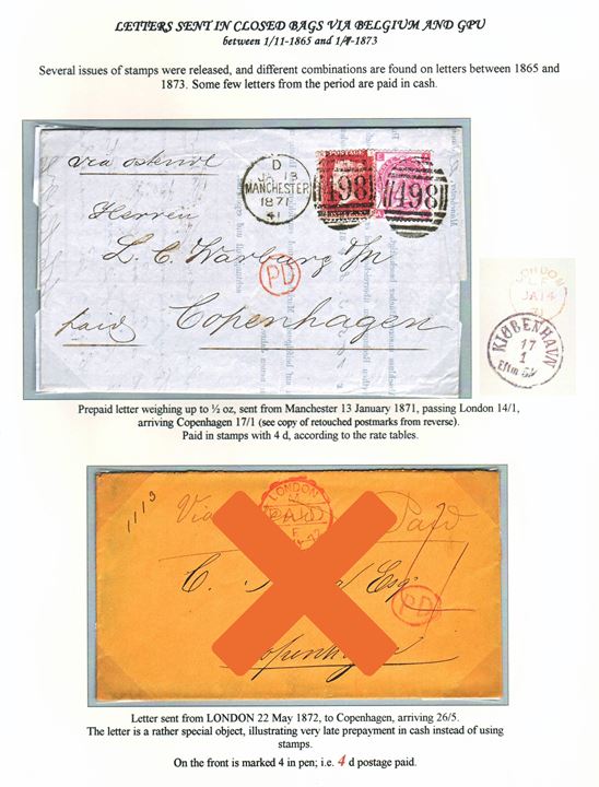 1d plate 107 and 3d plate 5 Victoria on letter tied by duplex cds. Manchester/”498” endorsed “via Ostende” via London to Copenhagen, Denmark. Good combination of the 4d rate. Ex. Mark Lorentzen.