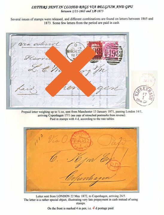 Ufrankeret 4d franco brev med rødt London PAID stempel d. 22.5.1872 påskrevet ”via Ostende” til København, Danmark. Usædvanligt sent eksempel på francobrev. Ex. Mark Lorentzen.