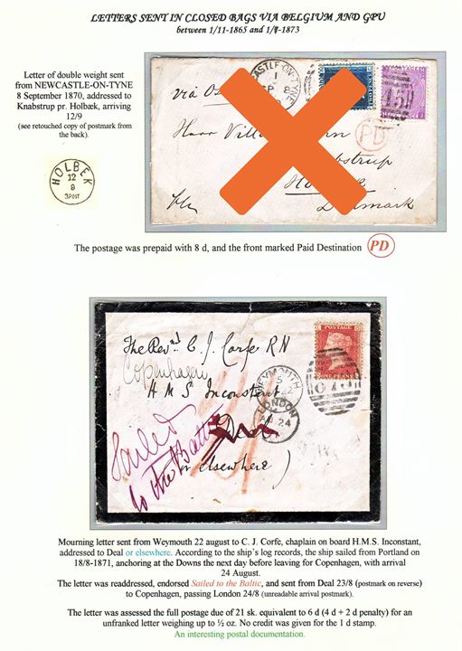 1d plate 127 Victoria single on domestic mourning letter tied by duplex Waymounth/”879” on 22.8.1871 to officer on HMS ”Inconstant”, Deal or elsewhere. Endorsed “Sailed to the Baltic” and forwarded to Copenhagen, Denmark. Charged 21 sk. Danish postage du as an unfranked letter. Ex. Mark Lorentzen.