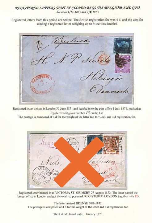 2d plade 13 og 6d plade 9 Victoria på 8d frankeret anbefalet brev fra London d. 1.7.1871 til Helsingør, Danmark. 4d brevtakst for lukke postsæk og 4d rekommandationsgebyr. Ex. Mark Lorentzen.