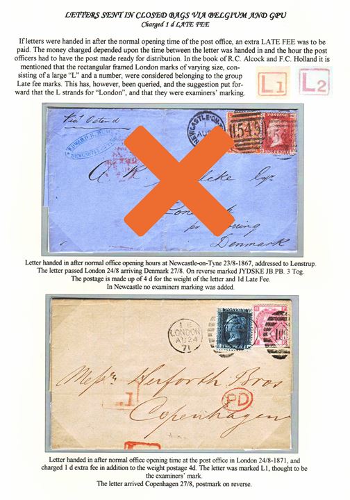 2d plate 13 and 3d plate 6 Victoria on 5d franked “Late Fee” letter tied by duplex London/”106” on 24.8.1871 to Copenhagen, Denmark. Red framed “L1” 1d late fee marking. Ex. Mark Lorentzen.