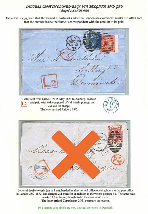 2d plate 13 and 4d plate 12 Victoria on 6d franked “Late fee” letter tied by duplex London/”106” on 15.5.1871” to Aalborg, Denmark. Red “L2” 2d late fee marking. Ex. Mark Lorentzen.