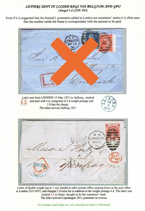 10d plate 2 Victoria single on double weight late fee letter tied by duplex cds. London/”88” on 25.3.1872 to Copenhagen, Denmark. Red “L2” 2d late fee marking. Very rare combination and single use. Ex. Mark Lorentzen.