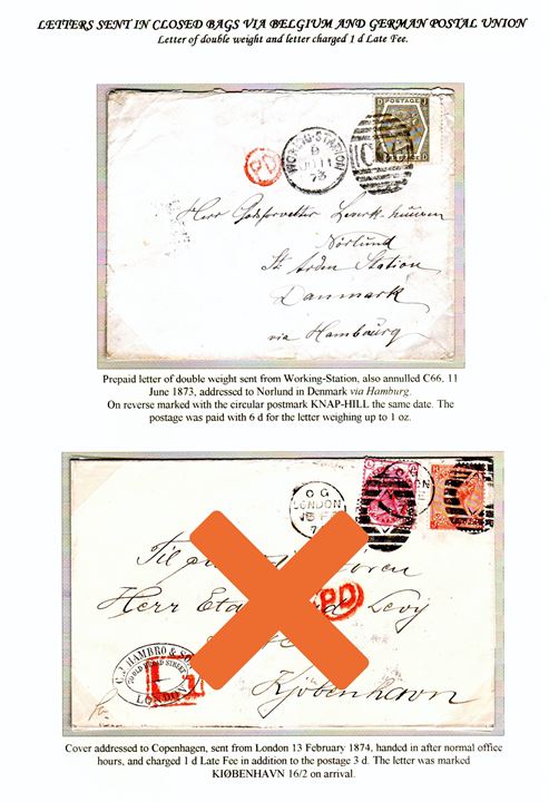 6d plate 12 Victoria single on double weight letter tied by duplex cds. Working Station/”C66” on 11.6.1873 via Knap-Hill to Nørlund pr. Arden St., Denmark. Endorsed “via Hamburg”. Reduced letter rate by closed mail GB to Denmark 1.1.1873-1.7.1875. Scarce single franking to Denmark. Ex. Mark Lorentzen.