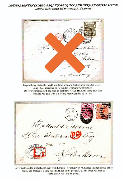 3d plate 12 and 4d plate 13 Victoria with perforation “C.I.H.& S.” (C. J. Hambro & Sons) on 7d franked double weight late fee letter tied by duplex cds. London/”16” on 13.2.1874 to Copenhagen, Denmark. Large red “L1” 1d late fee marking. 2x3d + 1d late fee = 7d. Ex. Mark Lorentzen.