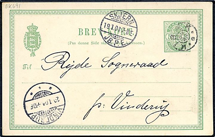 5 øre Våben helsagsbrevkort annulleret med stjernestempel KIBÆK og sidestemplet Skjern JB.P.E. d. 19.1.1904 til Vinderup.