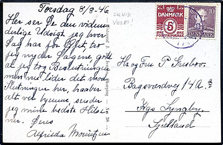 5 øre Bølgelinie og 10 øre Chr. X på brevkort dateret d. 8.8.1946 annulleret med VIOLET udslebet stjernestempel GRAVLEV til Lyngby. Skilling 600,-