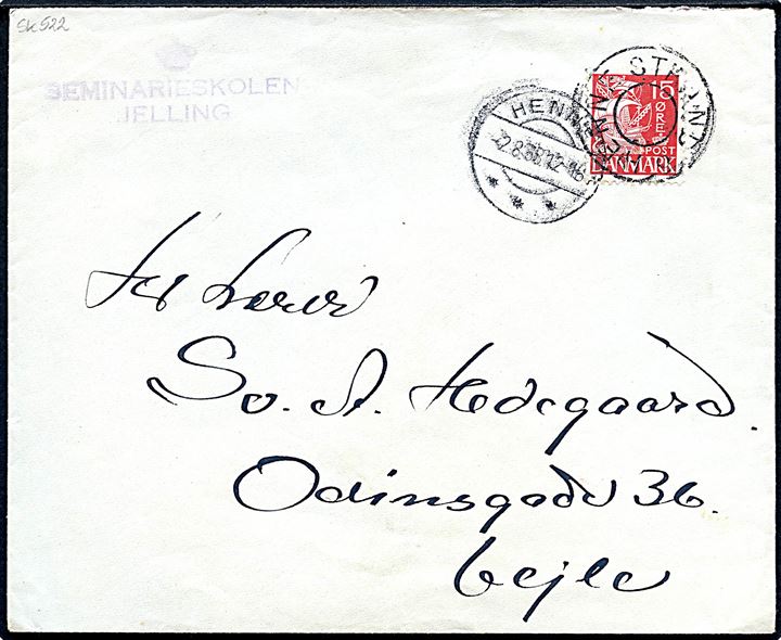 15 øre Karavel på brev annulleret med udslebet stjernestempel HENNE STRAND og sidestemplet Henne d. 2.8.1938 til Vejle. 