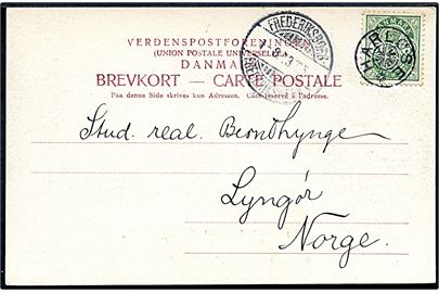 5 øre Våben på brevkort annulleret med stjernestempel HARLØSE og sidestemplet bureau Frederiksborg - Frederiksværk T.5 d. 1.8.1903 til Lyngør, Norge.