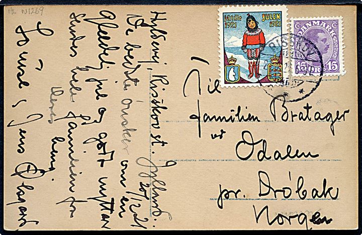 15 øre Chr. X og Julemærke 1921 på brevkort fra Risskov d. 21.12.1921 til Drøbak, Norge.