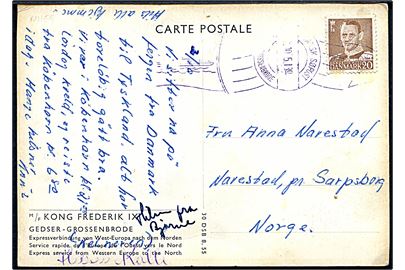 20 øre Fr. IX på brevkort (M/F Kong Frederik IX) annulleret med VIOLET håndrullestempel Dansk Søpost Gedser - Grossenbrode d. x.10.1951 til Sarpsborg, Norge.