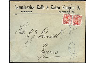 10 øre Chr. X i parstykke med perfin F.K. på firmakuvert fra Skandinavisk Kaffe & Kakao Kompani A/S i Kjøbenhavn d. 21.1.1921 til Vojens.