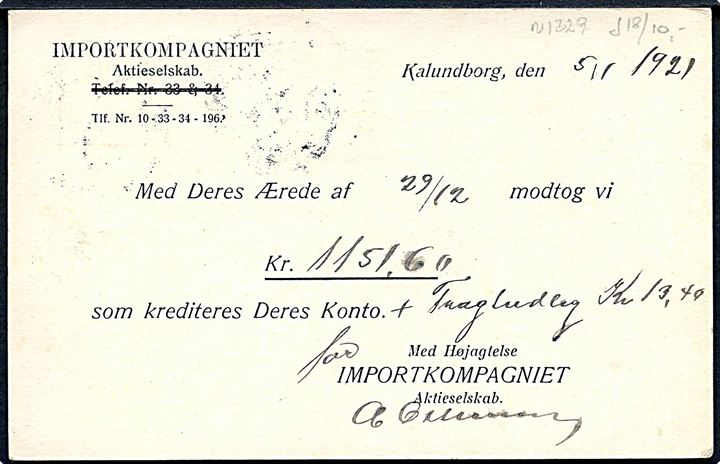 3 øre helsagsbrevkort opfrankeret med 2 øre Bølgelinie og 10 øre Chr. X begge med perfin J.K.K. fra Importkompagniet i Kallundborg d. 5.1.1921 til Mørkøv.