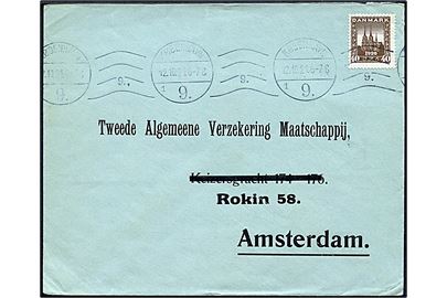 40 øre Genforening single på brev fra København d. 12.10.1921 til Amsterdam, Holland.