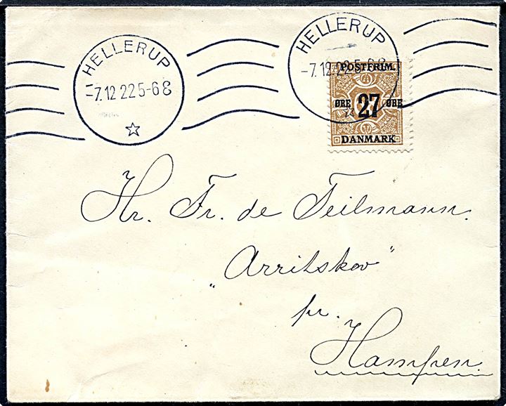 27/68 øre provisorium single på overfrankeret brev fra Hellerup d. 7.12.1922 til Hampen.