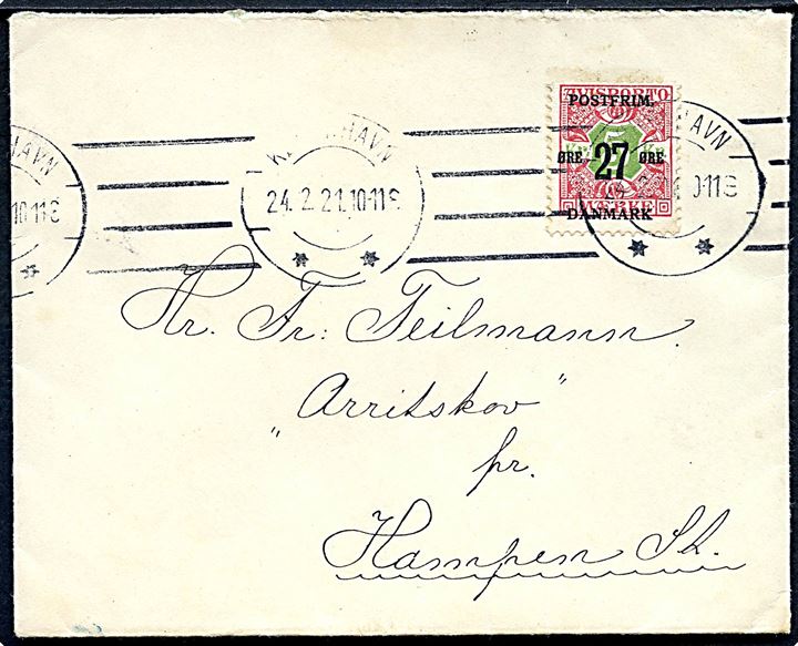 27 ære/5 kr. Provisorium single på overfrankeret brev fra København d. 24.2.1921 til Hampen.