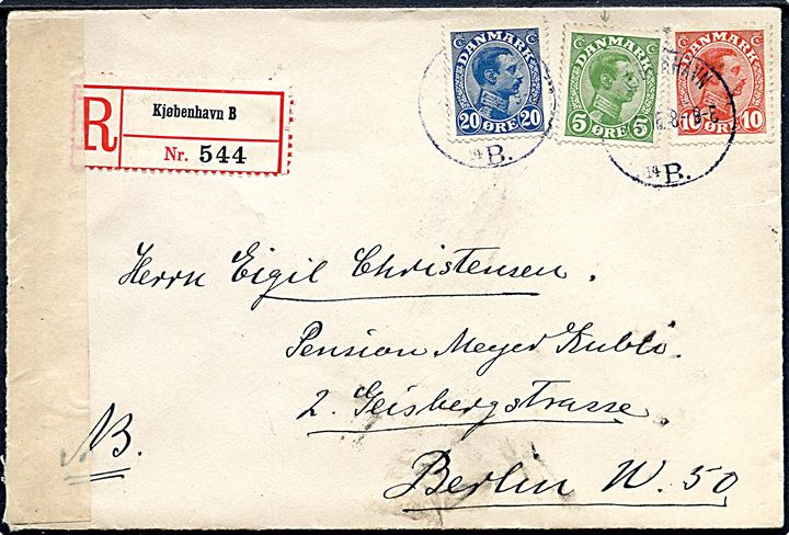 5 øre, 10 øre og 20 øre Chr. X på anbefalet brev fra Kjøbenhavn d. 18.11.1916 til Berlin, Tyskland. Åbnet af tysk censur i Berlin.