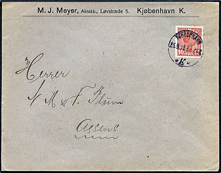 10 øre Chr. X med perfin M.J.M. på firmakuvert fra M. J. Meyer i Kjøbenhavn d. 25.9.1915 til Assens.