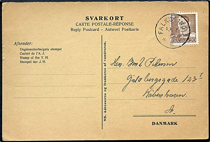 20 øre Fr. IX på internationalt svarbrevkort annulleret med svensk stempel i Falköping d. 19.7.1952 til København, Danmark.