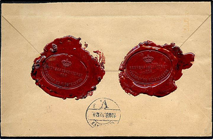 15 øre og 50 øre Chr. X på lokalt værdibrev i København d. 11.12.1945. På bagsiden 2 laksegl fra Regnmskabskontoret for Telegraf og Rigstefonen.