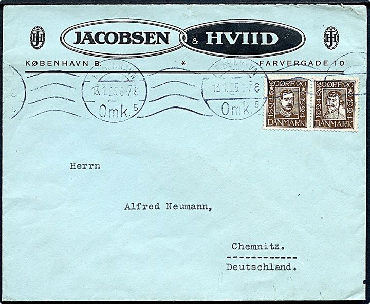 20 øre Chr. X og Chr. IV i sammentryk på brev fra København d. 13.1.1925 til Chemnitz, Tyskland.
