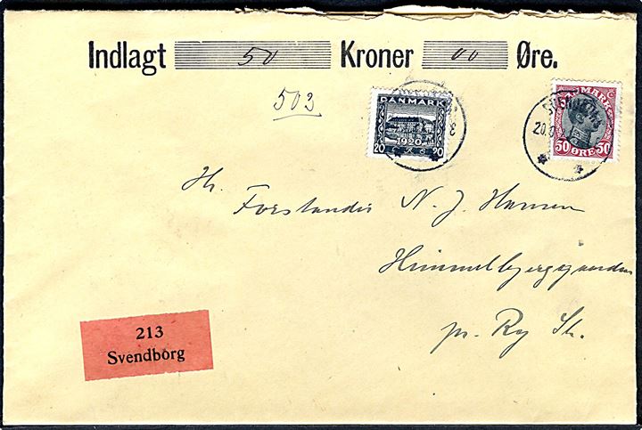 20 øre Genforening og 50 øre Chr. X på værdibrev fra Svendborg d. 20.9.1921 til Ry St.