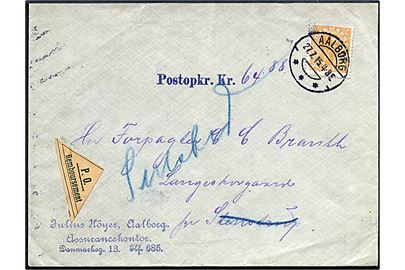 35 øre Chr. X single på brev med postopkrævning fra Aalborg d. 27.7.1915 til Langeskovgaard pr. Stenstrup - ændret til pr. Sulsted.
