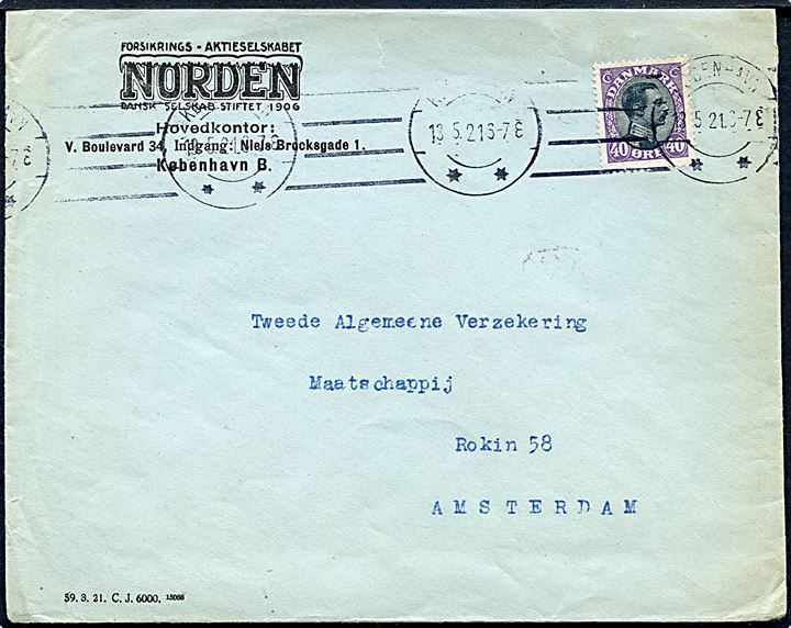 40 øre Chr. X single på brev fra København d. 13.5.1921 til Amsterdam, Holland.