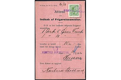 5 øre Chr. X annulleret med kontorstempel (krone)/Næstved Postkontor på Attest for Indkøb af Frigørelsesmidler - F. Form. Nr. 43 (1/7 1919) - dateret d. 10.3.1921.