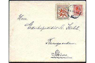 10 øre Chr. X og Sønderjydsk Fond mærkat på brev annulleret med uldent stempel i Kjøbenhavn d. 30.5.1919 til Skive.