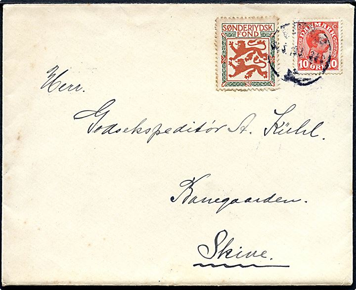 10 øre Chr. X og Sønderjydsk Fond mærkat på brev annulleret med uldent stempel i Kjøbenhavn d. 30.5.1919 til Skive.