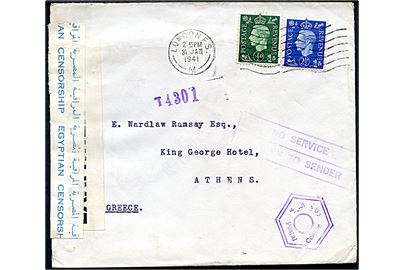 ½d og 2½d George VI på brev fra London d. 3.1.1941 til Athen, Grækenland. Returneret med stempel No Service / Return to Sender da postforbindelsen er blevet afbrudt efter Grækenlands fald. Åbnet af britisk og egyptisk censur og noteret ankommet retur d. 17.11.1941.