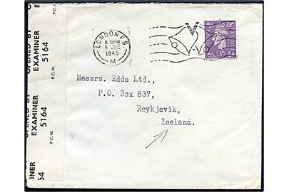3d George VI på brev fra London d. 5.6.1945 til Reykjavik, Island. Åbnet af britisk censur PC90/5164.