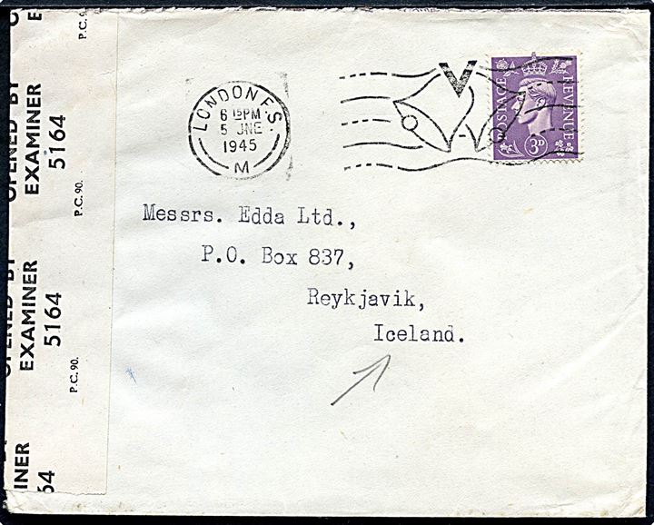 3d George VI på brev fra London d. 5.6.1945 til Reykjavik, Island. Åbnet af britisk censur PC90/5164.