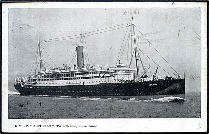 1d Edward VII på brevkort (RMSP Asturias) annulleret med skibsstempel Paquebot Posted at sea Received Southampton d. 29.10.1910 til London.