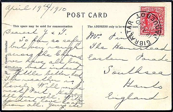1d Edward VII på brevkort (Gibraltar) annulleret med skibsstempel Gibraltar Paquebot d. 19.4.1910 til Southsea, England.