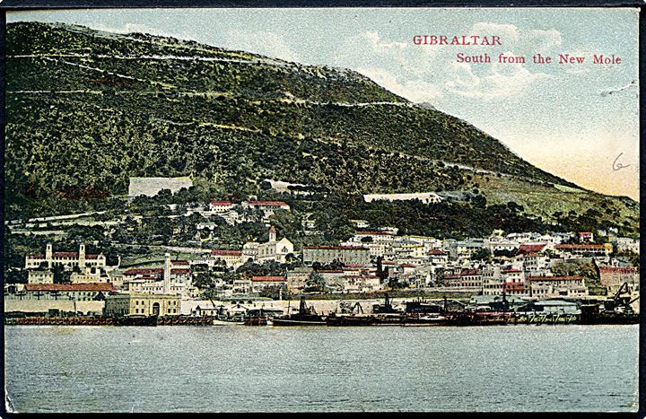 1d Edward VII på brevkort (Gibraltar) annulleret med skibsstempel Gibraltar Paquebot d. 19.4.1910 til Southsea, England.