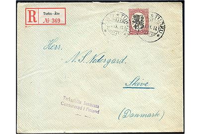 1 mk. Løve single på anbefalet brev fra Åbo d. 24.9.1919 til Skive, Danmark. To-sproget borgerkrigscensur Censurerad i Finland.