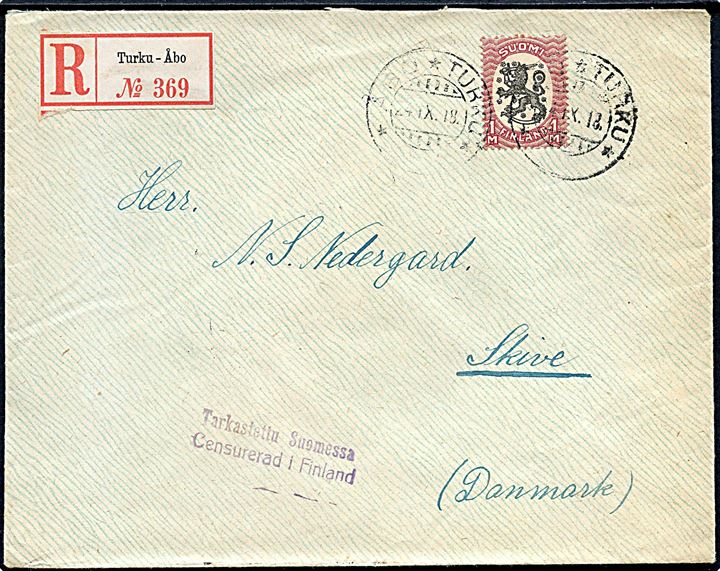 1 mk. Løve single på anbefalet brev fra Åbo d. 24.9.1919 til Skive, Danmark. To-sproget borgerkrigscensur Censurerad i Finland.