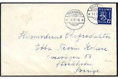 Åland. 12 mk. Løve på brev annulleret med udslebet 2-sproget stempel Ödkarby d. 13.11.1948 til Stockholm, Sverige.