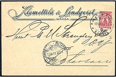 10 pen. Våben på brevkort fra Vasa annulleret med 3-sproget bureaustempel P. vagn No. 6 d. 12.8.1911 til Jakobstad.