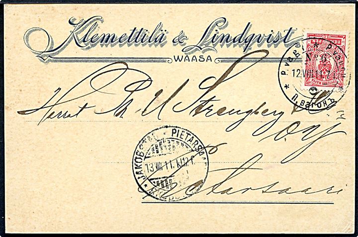 10 pen. Våben på brevkort fra Vasa annulleret med 3-sproget bureaustempel P. vagn No. 6 d. 12.8.1911 til Jakobstad.