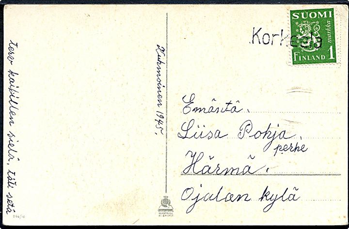 1 mk. Løve på julekort fra 1945 annulleret med liniestempel Korkeela til Härmä