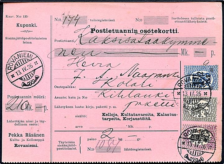 1½ mk./50 pen. Provisorium, 3 mk. og 5 mk. Løve på postanvisning fra Rovaniemi i Lapland d. 13.4.1926 til Kolkari ved den finsk/svenske grænse. 