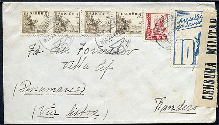 5 cts. Rytter (4), 30 cts. Isabel og 10 cts. velgørenhed på brev fra Toy d. 30.4.1937 til Randers, Danmark. Åbnet af lokal spansk censur med fortrykt banderole fra Tuy.